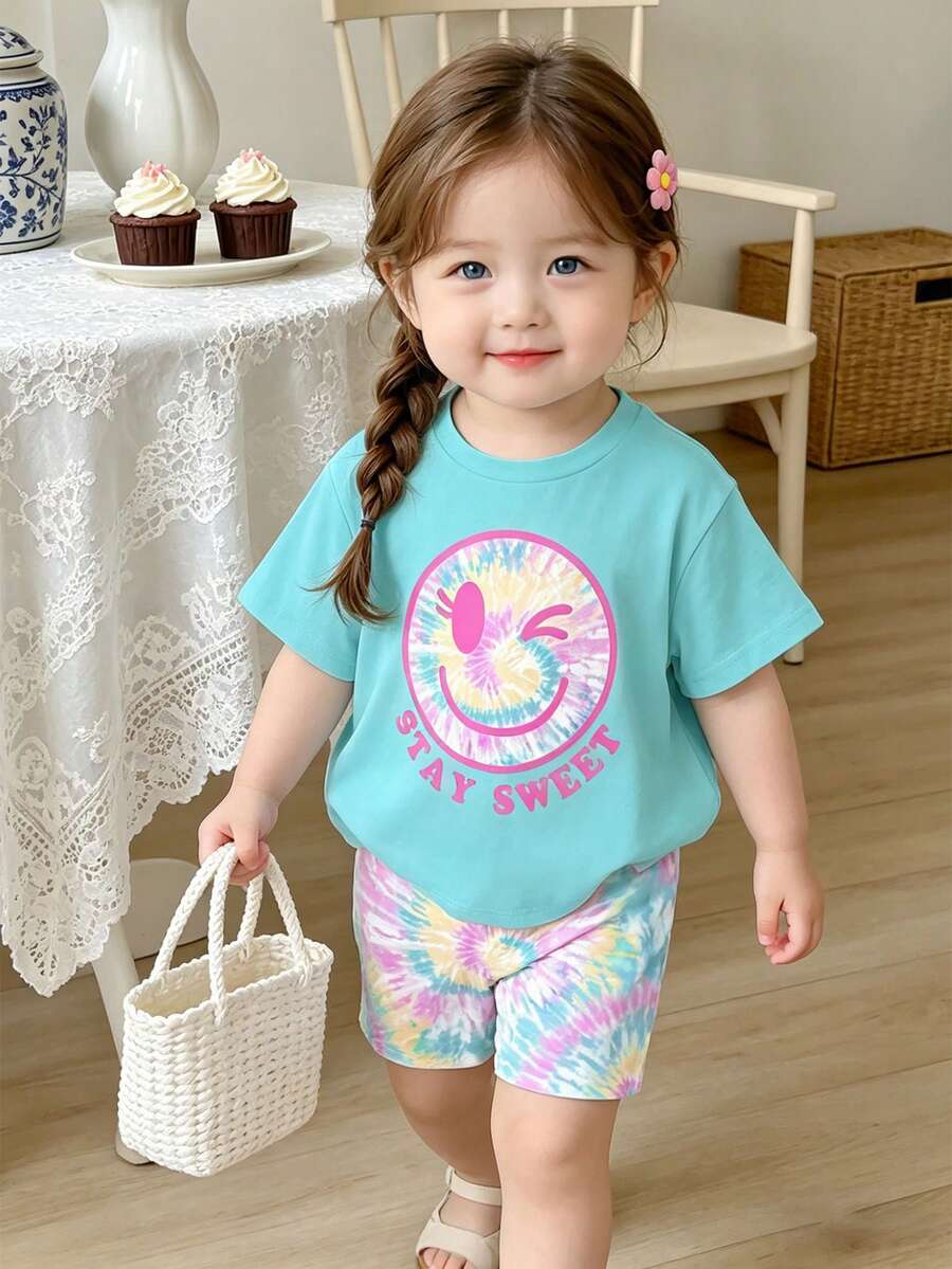 SHEIN 2件組女嬰淺藍色夏季休閒可愛度假風雛菊與彩色花卉圓領短袖T恤及修身針織單車短褲 - 彩色 - 查看 1