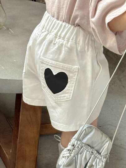 Dazy Kids Young Girl Heart Pattern Casual Versatile Daily Wear Denim Shorts