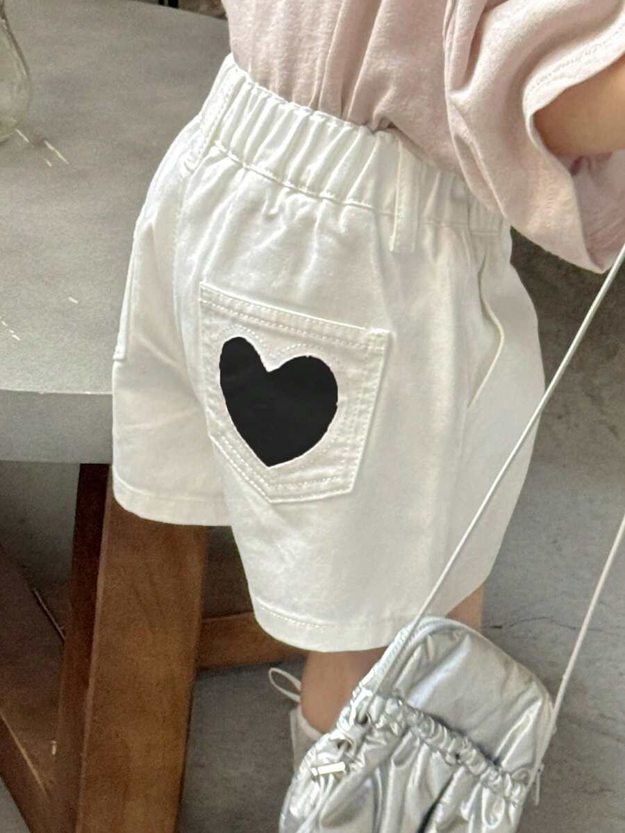 Dazy Kids 少女愛心圖案休閒百搭日常穿著牛仔短褲 夏季 - 白色 - 查看 1