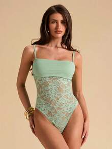 SHEIN BAE Schwarzes Spitzen-Patchwork sexy transparentes Camisole, Sommer schwarzes Spitzen Spaghetti-Träger Camisole, geeignet für Musikfestivals, sexy Camisole für Ausgehen - Minzgrün - Übersicht 6