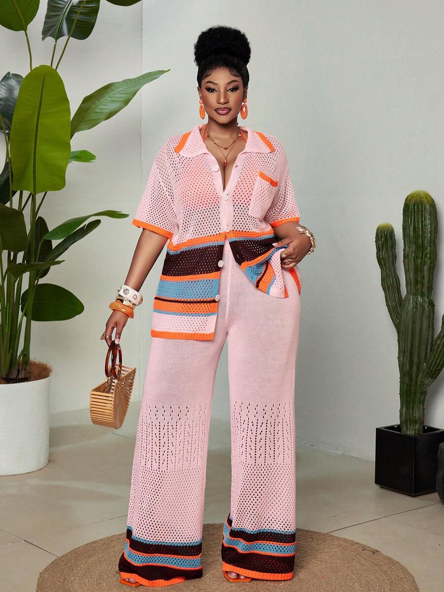 Maweii Bộ đồ 2 mảnh cỡ lớn dành cho nữ, phong cách retro, bohemian, thường ngày, tối giản, thoải mái, phù hợp cho kỳ nghỉ, bãi biển, dã ngoại, gồm áo cardigan dệt kim dáng rộng, cổ ve lật, túi bên hông, tay ngắn, cài cúc, họa tiết sọc nhiều màu sắc, khoét lỗ và quần ống đứng cạp chun. - Nhiều màu - Xem 1