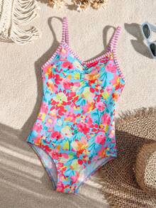 Traje de baño de una pieza con estampado floral para niña preadolescente - Rosa - Ver 1