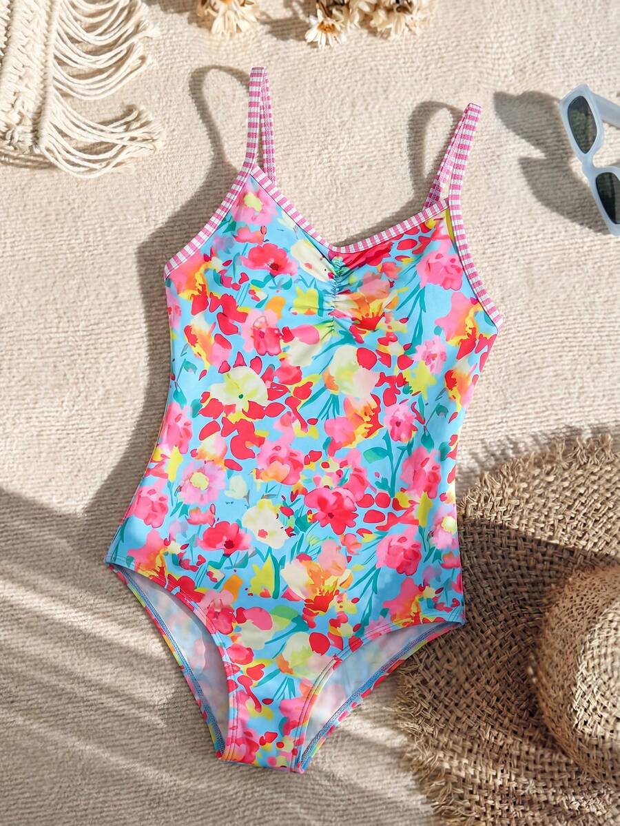 Traje de baño de una pieza con estampado floral para niña preadolescente - Rosa - Ver 1