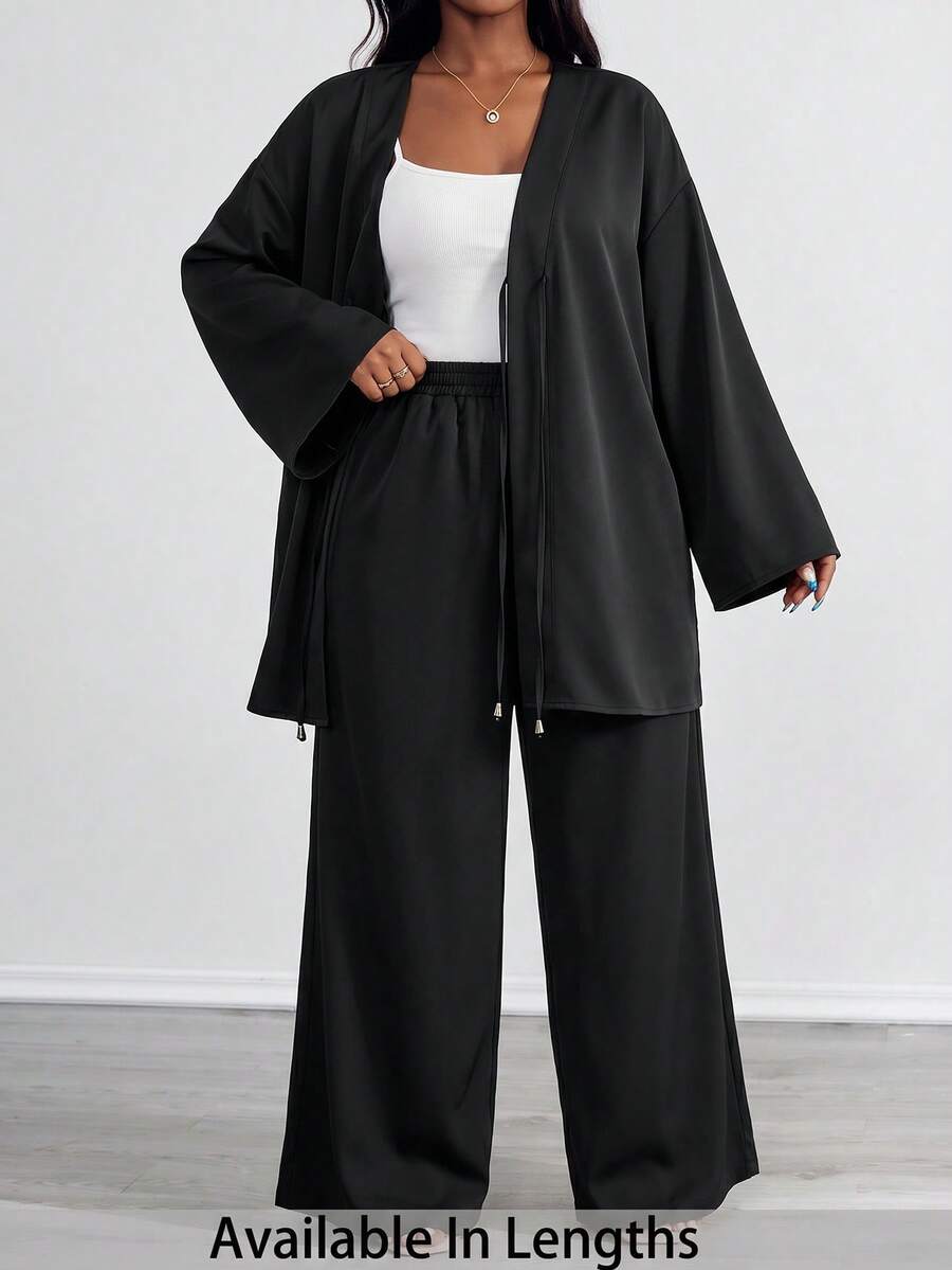 SHEIN PETITE CURVE 大码女式休闲两件套，前系带长袖上衣和裤子套装，纯色牛仔蓝，大码女式两件套沙滩装，商务休闲女装 - 黑色 - 查看 1