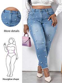 Plus High Waist Pearls Beaded Raw Cut Skinny Jeans - Light Wash - View 1