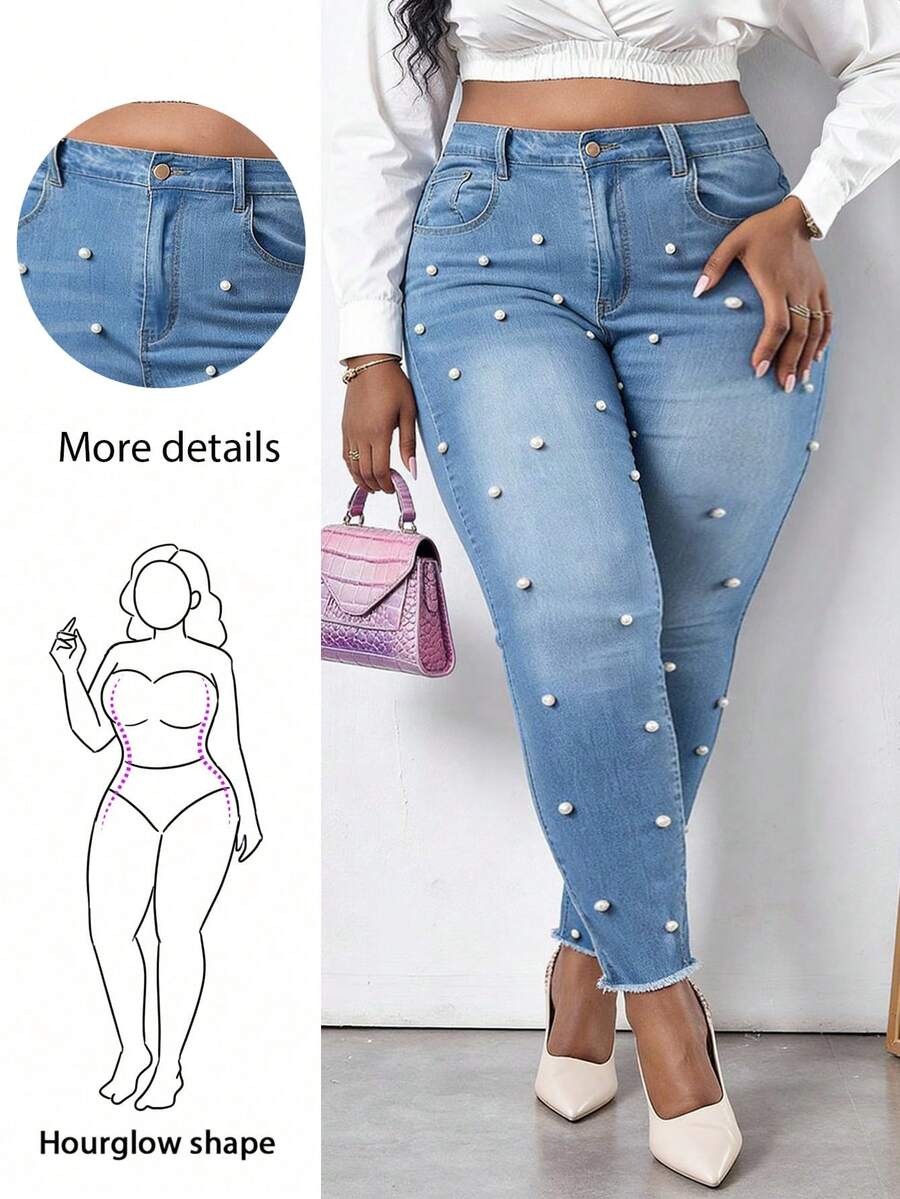 Plus High Waist Pearls Beaded Raw Cut Skinny Jeans - Light Wash - View 1