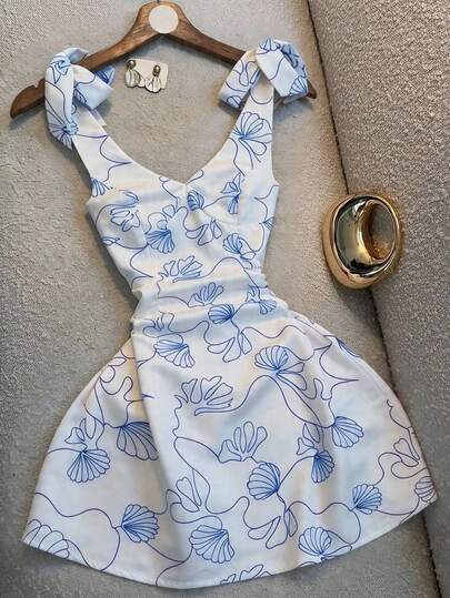 Franclia Nuevo vestido elegante con estampado, cuello en V y cintura con lazo