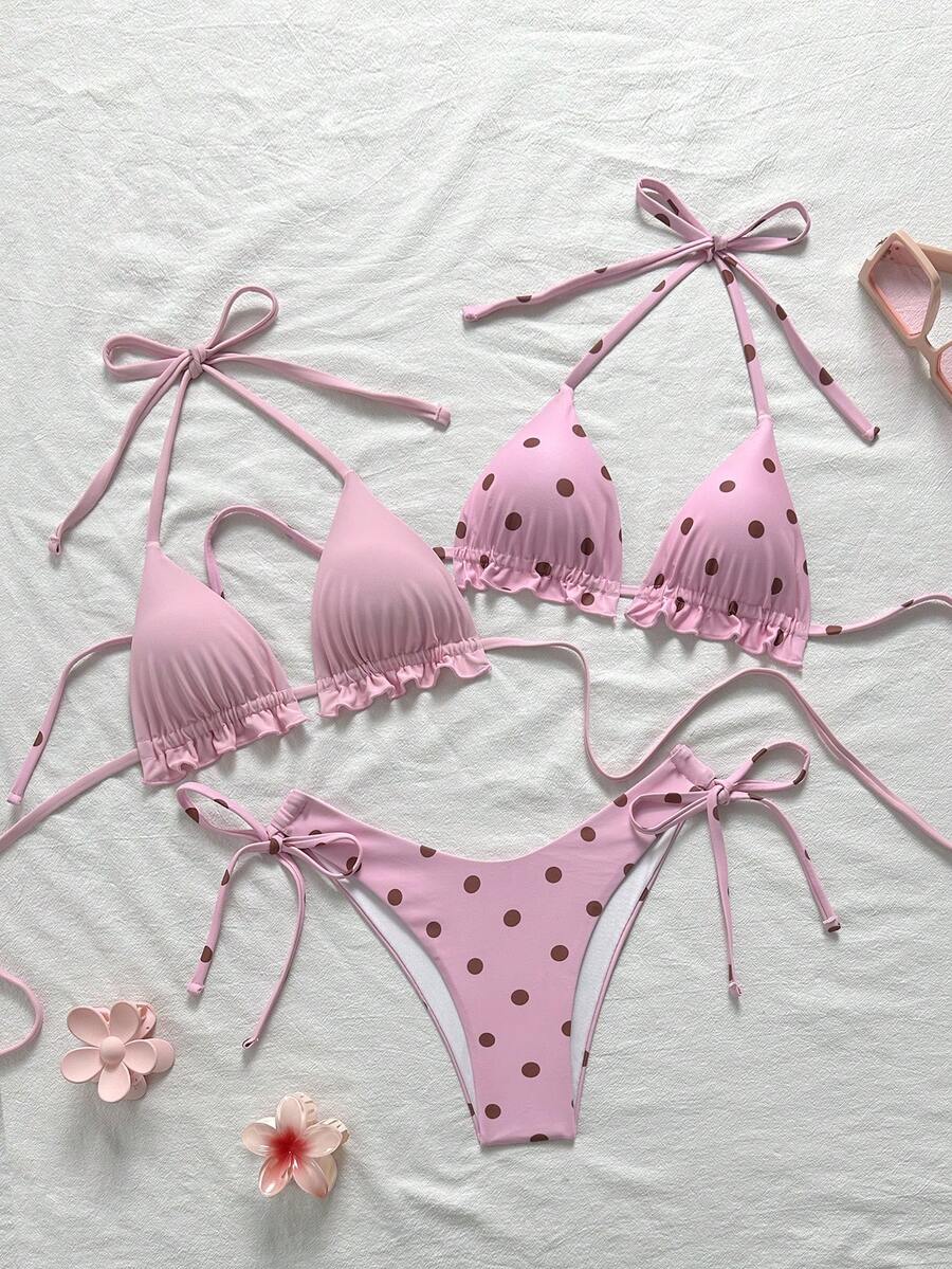 Swim Mod 3pcs Women's Summer Beach Golf Halter Tie Sexy Bikini Top And Triangle Bottoms Swimwear Set White - Pink - View 1