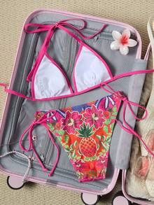 Swim Vcay 女士粉色印花面料两件式比基尼套装，新款三角挂脖性感优雅度假沙滩泳池派对泳装 - 彩色 - 查看 3