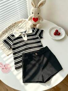 SHEIN Playful Pals 两件套婴幼儿男女通用休闲条纹Polo衫和舒适短裤，适合休闲、运动、日常穿着、外出、夏季旅行，男女宝宝夏季套装，婴儿套装，幼儿套装，夏季男童服装，男婴服装，爬行男婴套装，男婴夏季服装 - 黑色 - 查看 1
