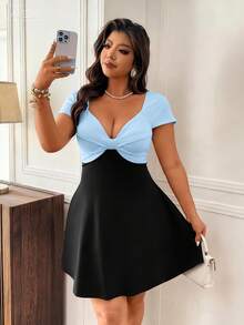 Femmeverse Plus Size Women Patchwork Ruched Waist Elegant Party Dress - Multicolor - View 3