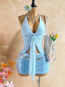 Soleia New Y2K Floral Print Front Tie Fashionable Halter Neck Camisole For Women,Summer Top - Blue - View 8