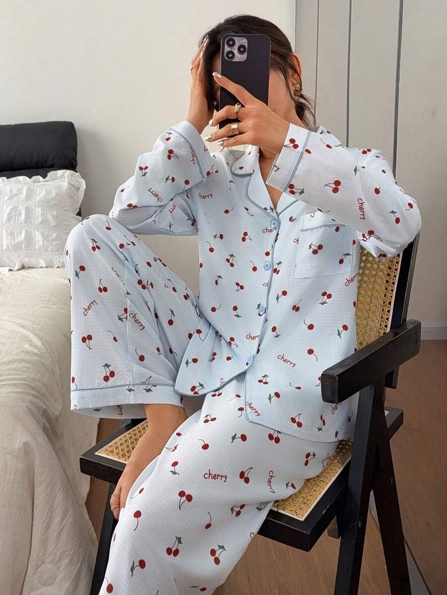 Napfluff 粉色樱花印花开襟羊毛领女士长袖睡衣套装 - 淺藍色 - 查看 1