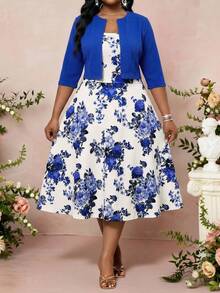 Fleurora Conjunto de 2 piezas para mujer talla grande: Cárdigan de manga corta de unicolor y vestido con estampado floral - Azul - Ver 4