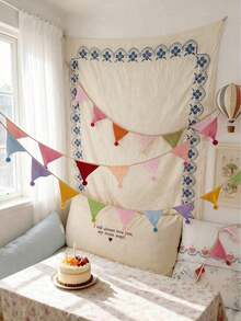 1 Pack 10pcs Cotton Triangle Pennant Flags With Pom Poms, Boho Style Bunting Banner, Suitable For Birthday Party Decor, Wall Hanging, Wedding, Baby Shower, Home Room Decoration - multicolor - View 2