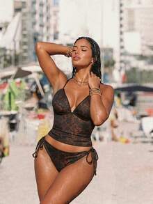 Swim Vcay 2026 Spring/Summer Plus Size Lace Print Trim Minimalist Tankini Swimwear Set For Women - Multicolor - View 4