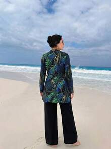 Swim Mulvari Women's Middle Eastern Style 2-Piece Burkinis Set,Floral Print Long Sleeve Dress,Straight Leg Pants,Modest Summer Beach Holiday Navy Blue Swimwear - Multicolor - View 12
