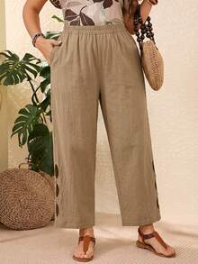 Rosumi Plus Size Vacation Casual Solid Color Hollow Out Pants,Summer Outfits For Women,Vacation Outfits Woman - Khaki - View 3