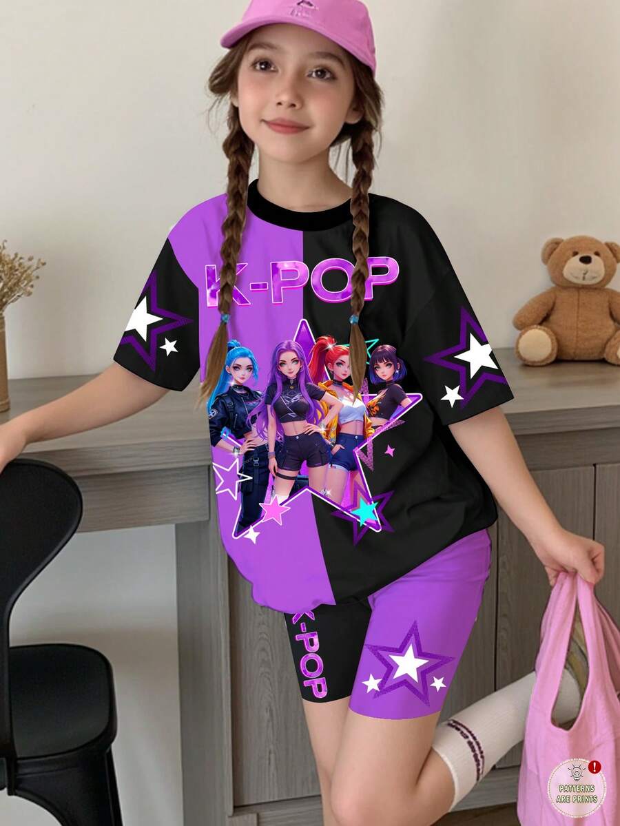 Tween女孩K-Pop超級巨星卡通肖像2件套,可愛紫色夏季校園圓領短袖T恤與短褲,紫羅蘭漸層拼接 - 彩色 - 查看 1