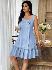 Đầm ngắn dáng chữ A không tay, cổ áo bất đối xứng, viền bèo nhún, chất liệu vải dệt họa tiết, dành cho nữ cỡ lớn, trang phục thường ngày đi nghỉ dưỡng mùa xuân/hè. - Màu xanh nhạt - Xem 4