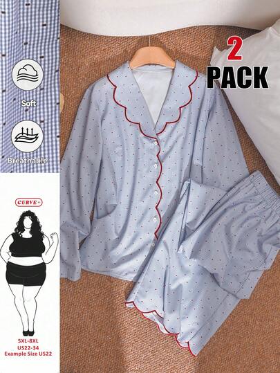 SHEIN CURVE+ 大码撞色滚边纽扣长袖上衣和裤子休闲两件套 长袖两件套春季套装 女士春季套装 女士套装