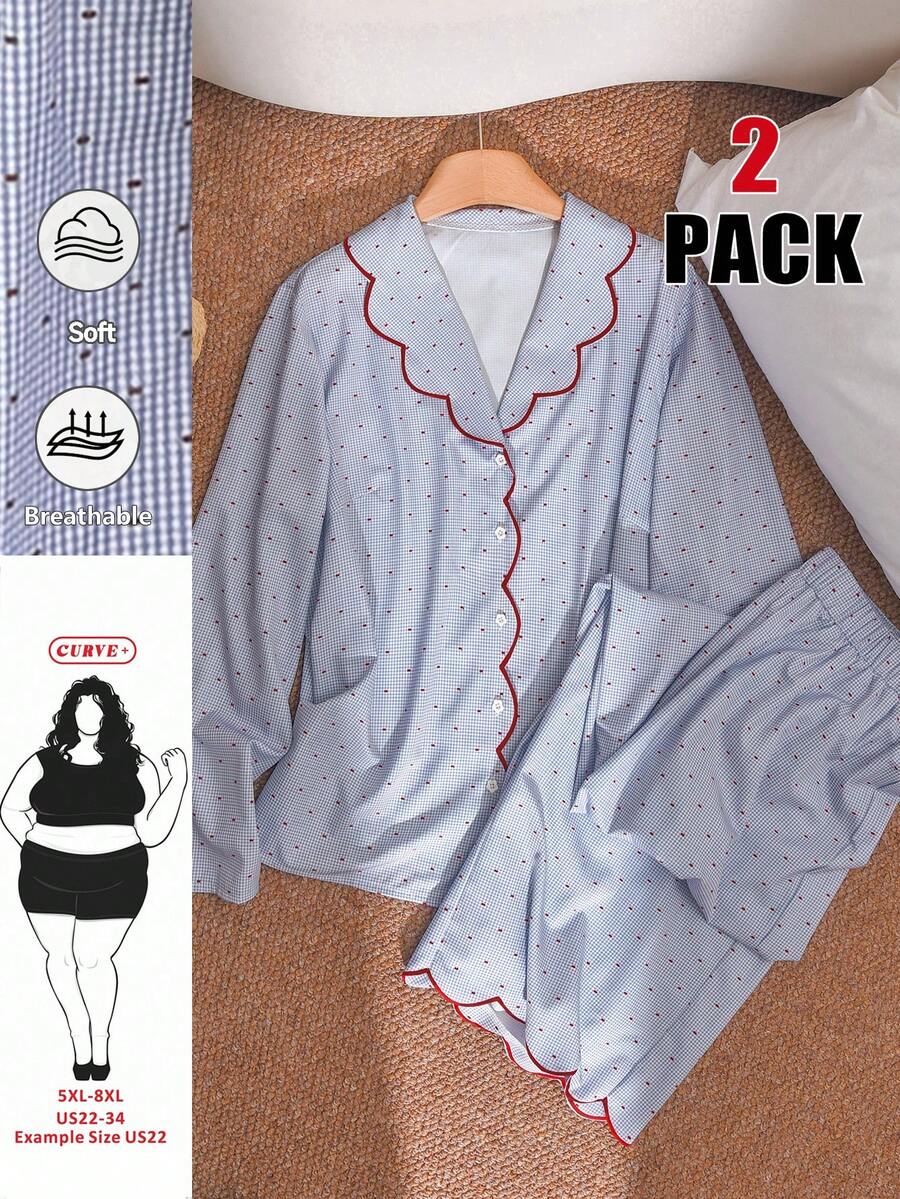 SHEIN CURVE+ 大码撞色滚边纽扣长袖上衣和裤子休闲两件套 长袖两件套春季套装 女士春季套装 女士套装 - 藍白色 - 查看 1