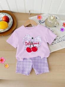 Cute Mini Purple Plaid Cherry Pattern, Young Girl Casual Minimalist Short Sleeve Round Neck T-Shirt And Shorts 2-Piece Set, Suitable For Summer - Multicolor - View 3