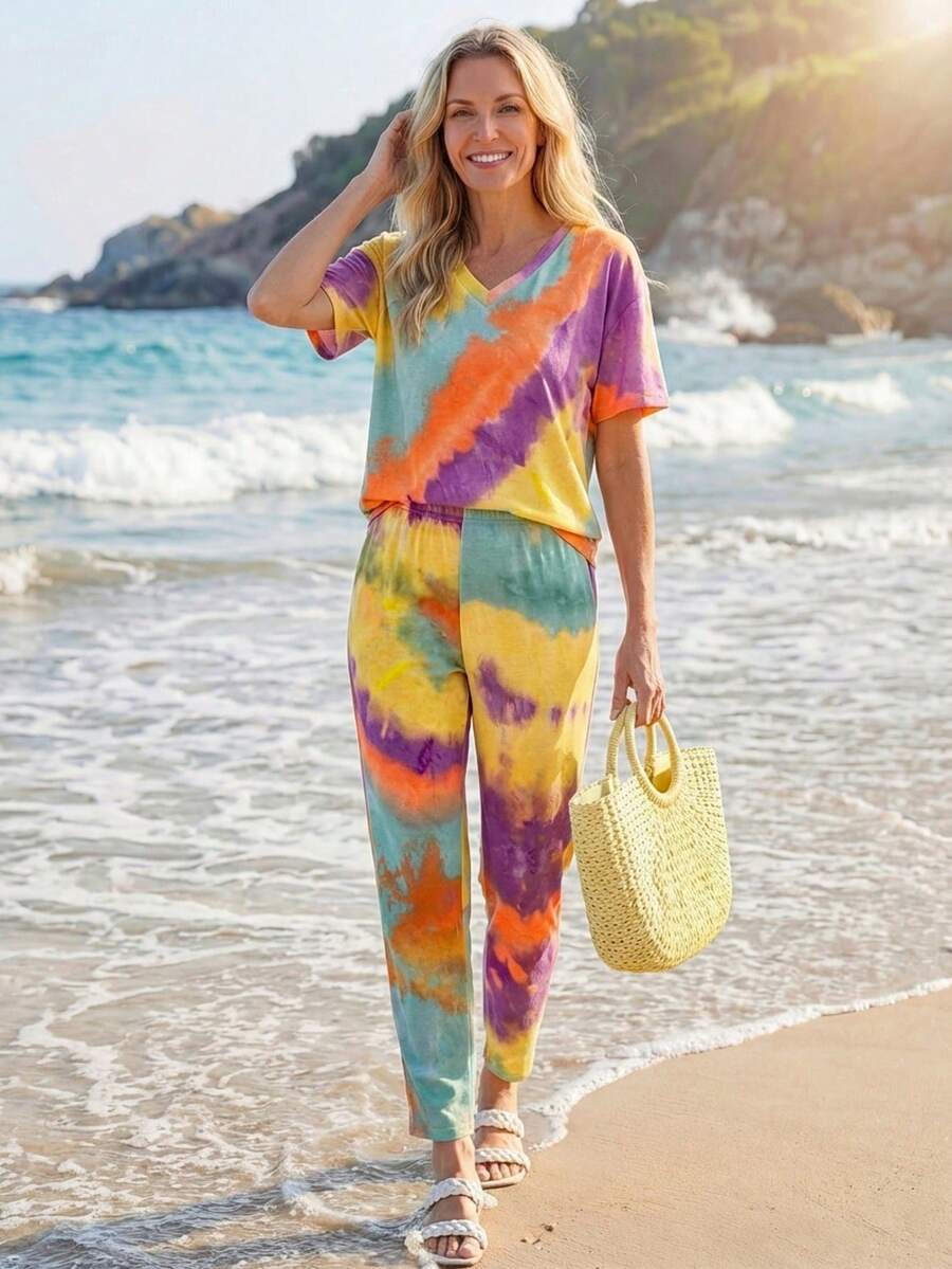 SHEIN LUNE 女士隨機印花多彩短袖和短褲套裝 - 彩色 - 查看 1