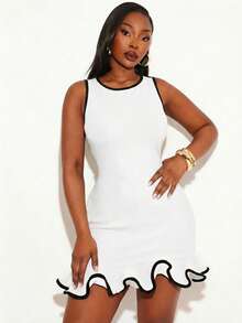 Radiana Plus Size Women's Summmer Round Neck Black And White Edge Spliced Cuffs And Hem Ruffled Trim Tight Dress Brunch Elegant - White - View 3