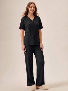 Loomlin 2 件/女士纽扣细节和生菜边饰家居服休闲套装 - 黑色 - 查看 3