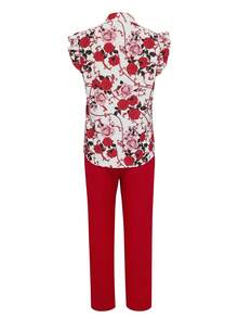 Xyvia 女士优雅印花荷叶边袖口上衣和高腰系带裤套装，春夏款 - 紅色 - 查看 2