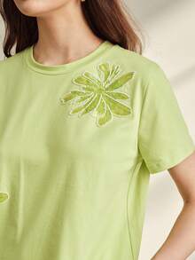 Anewsta 女士夏季亮片刺绣修身绿色T恤 - 薄荷綠 - 查看 5
