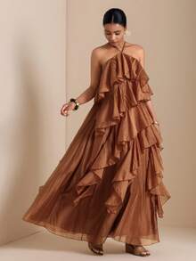 Vesra Women's Solid Color Ruffle Backless Dress - Coral Orange - View 6