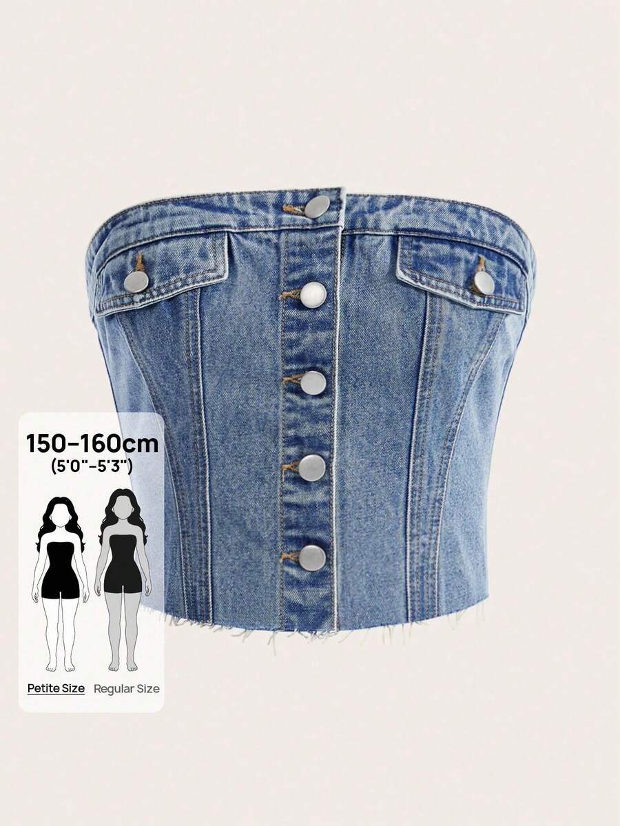 SHEIN PETITE Camiseta vaquera de verano casual con botones delanteros para mujer - Azul - Ver 1