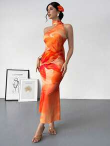 SHEIN Raffinéa Women's Fashionable Elegant Sexy Backless Halter Asymmetric Long Dress Elegant Dresses For Party Floral Dress For Women Beach Dresses Summer Dresses For Women Zanea Dress For Woman Yisikado Dress Reception Dress For Guest Latest Dress Backless Dress For Women Birthday Dress For Women Photoshoot Backless Summer Dresses Open Back Dresses For Women Maxi Dress Orange Dress Halter Dress Floral Print Dress Halter Neck Dress Zig Zag Dress - Multicolor - View 4