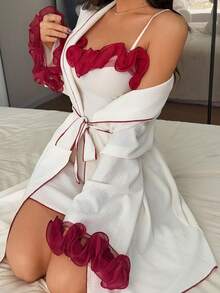 Napfluff 2pcs Contrast Color 3D Floral Trim Textured Chiffon Nightgown And Tie-Waist Robe Set, Comfortable And Elegant Sleepwear For All Seasons - Apricot - View 3