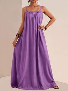 Slaydiva Plus Size Casual Solid Color Maxi Slip Dress,Sundress,Summer Dresses For Women - Purple - View 1