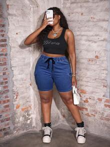 Slaydiva Shorts vaqueros de cargo sexy de cintura alta y silueta ajustada para tallas grandes - Azul lavado oscuro - Ver 6