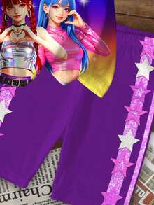 Tween Girl Cartoon Girl , Vibrant Gradient Violet, Round Neck Short Sleeve T-Shirt And Shorts 2-Piece Set, Suitable For Summer - Multicolor - View 5