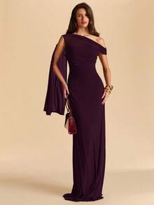 SHEIN BAE Đầm ôm sát dáng đuôi cá bất đối xứng, xếp ly, vai lệch, màu tím cà tím hồng, chất liệu lưới, thích hợp cho kỳ nghỉ biển, mùa xuân/hè. - Màu Tím - Xem 4