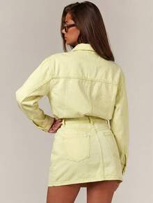 Athîral Denim 女士休闲纽扣牛仔连衣裙，适合约会和外出穿着 - 黃色 - 查看 2