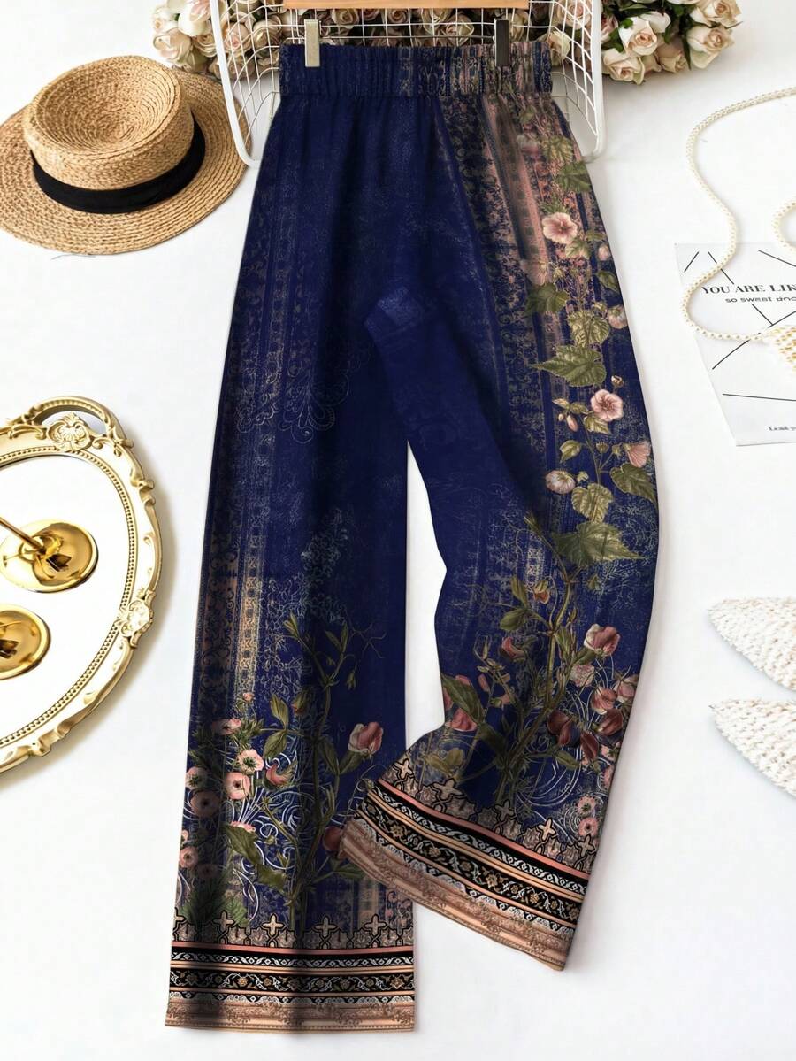 SHEIN LUNE Women's Retro Elegant Loose Elastic Waist Tie-Up Pants, Suitable For Spring And Summer,Black Pants Spring - Navy Blue - View 1