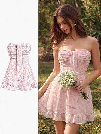 Sweetness Romantisches, mädchenhaftes, süßes, trägerloses Minikleid aus Chiffon mit Blume Muster, geeignet für den Urlaub