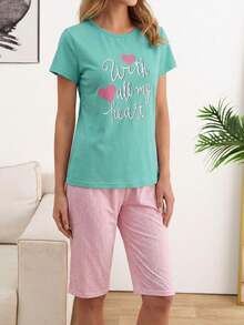 Cotton Women 2 Pcs Contrast Colour Slogan Printed Short Sleeve Shirt And Printed Capri Bottom Pj Set - Mint Green - View 5