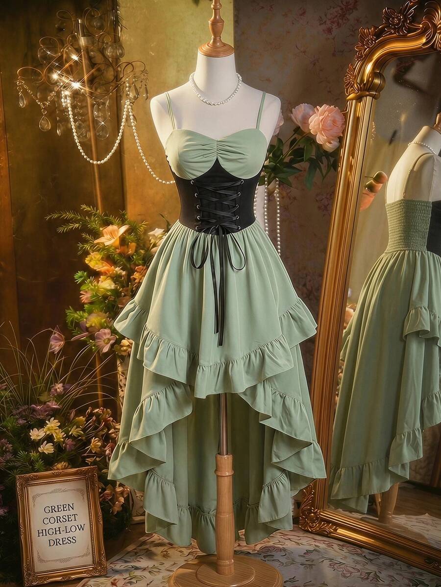 SHEIN MOD Đầm vintage nữ phối màu tương phản cổ tim, thắt dây chéo, xếp nếp, vạt bất đối xứng. - Nhiều màu - Xem 1