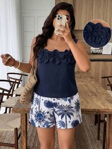 Weeklong Plus Size Women's Spring/Summer 3D Floral Matching Casual Vacation Outfit - Multicolor - View 1
