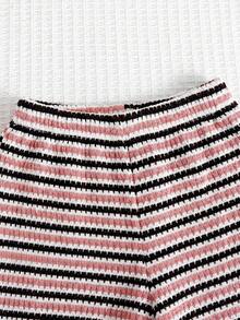 SHEIN 女童休闲条纹短袖T恤套装 - 粉色 - 查看 5