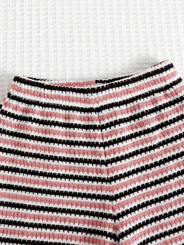 SHEIN 女童休闲条纹短袖T恤套装 - 粉色 - 查看 5