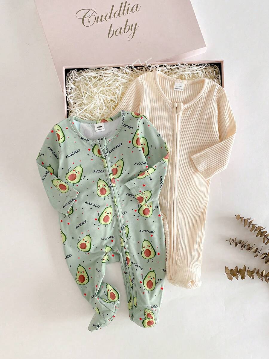 Bộ 2 món đồ ngủ dài tay có tất, màu xanh bơ và xanh lá cây, chất liệu dệt kim mềm mại, thoải mái cho trẻ sơ sinh, món quà tuyệt vời nhất cho trẻ mới sinh. - Nhiều màu - Xem 1