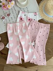 LMoss Kids 3pcs Baby Girl Knitted Polka Dot & Floral Heart Pattern Jumpsuit & Flare Pants Set - Multicolor - View 6